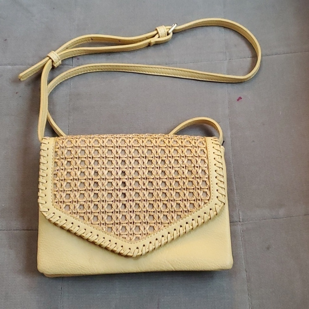 Street Level vegan leather straw detail yellow crossbody bag